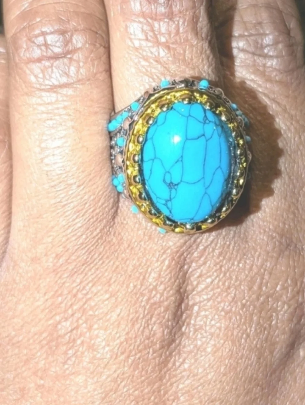 Retro Punk Style Ring Simulated Turquoise Two Tone Polished Statement Band Ring
